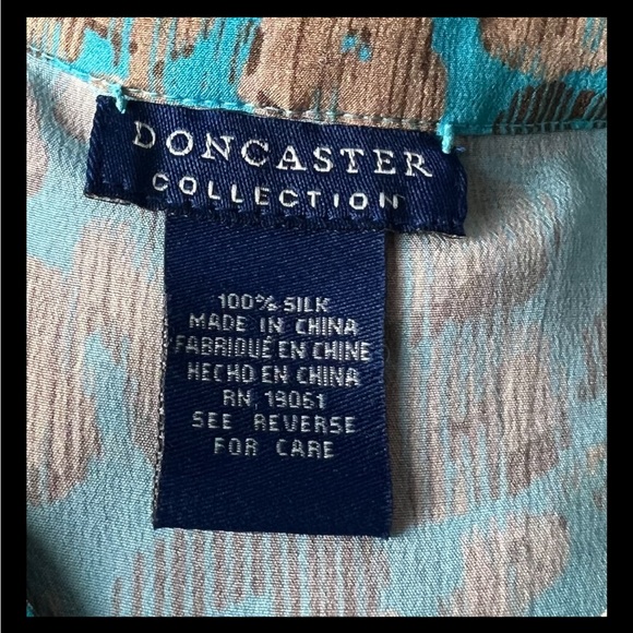 DONCASTER Silk Blouse Tie Collar Button Turquoise Brown Short Sleeve Geo Small - Picture 8 of 9